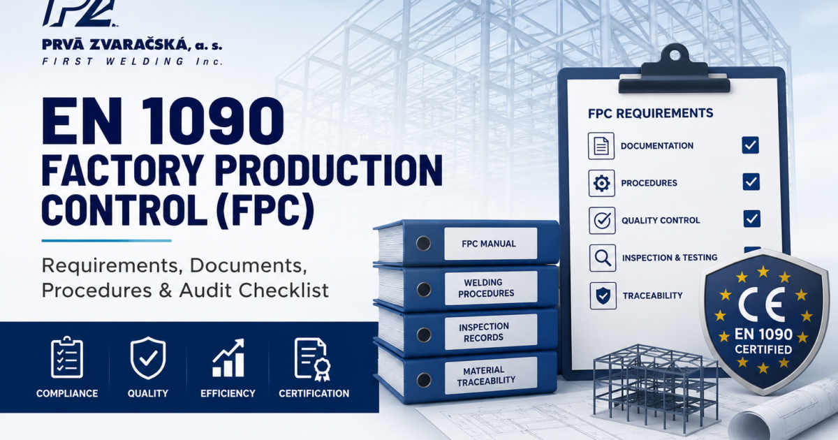 EN 1090 Factory Production Control (FPC) requirements infographic showing documentation, procedures, audit checklist and CE marking compliance for structural steel manufacturers.