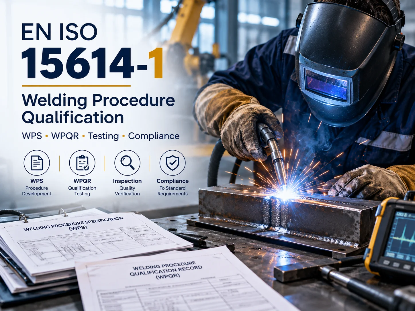 EN ISO 15614-1 welding procedure qualification with WPS, WPQR, testing and compliance