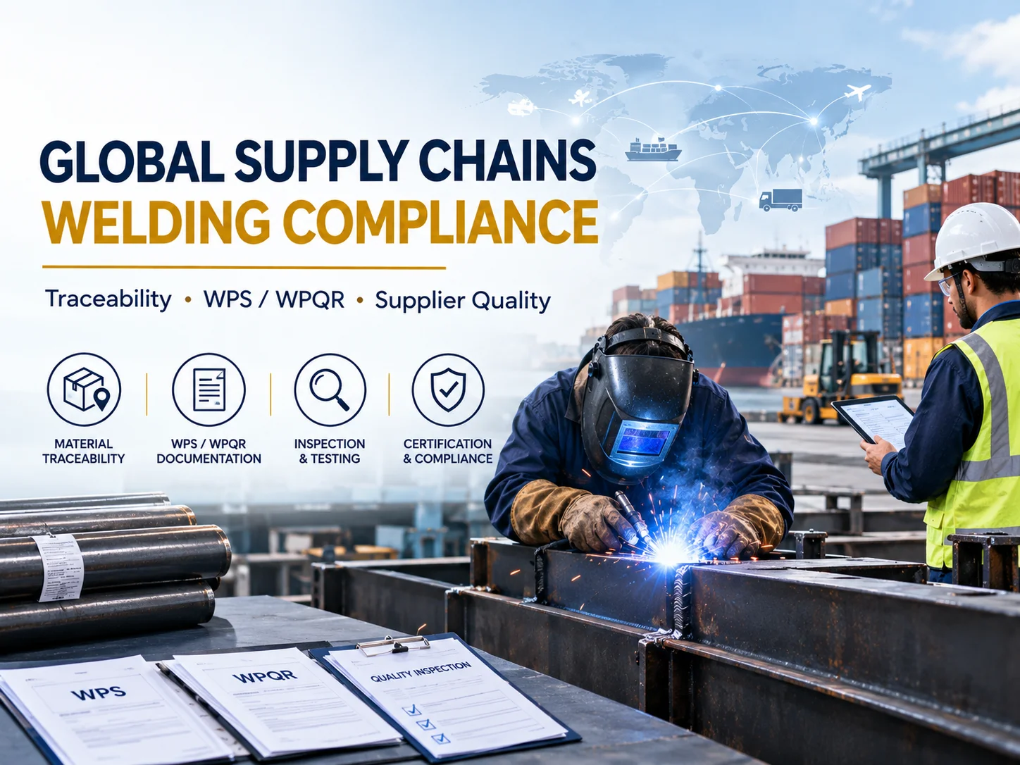 Global supply chains and welding compliance with material traceability, WPS WPQR documentation, inspection and certification