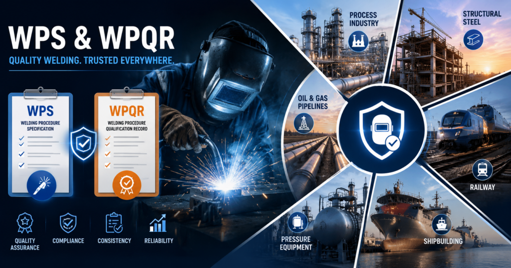 WPS and WPQR guide showing welding procedure qualification workflow, industrial welding applications and international welding standards