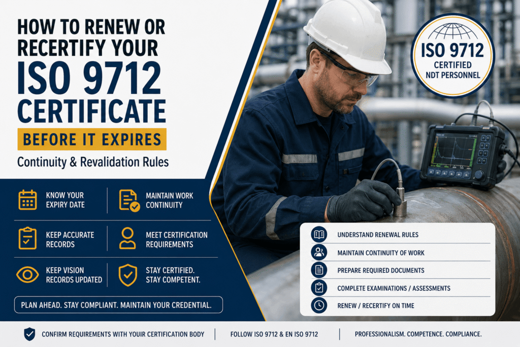 Professional infographic showing how to renew or recertify an ISO 9712 NDT certificate before expiry, highlighting work continuity, certification requirements, documentation, vision records, assessments, and timely renewal, with an NDT technician performing ultrasonic testing on industrial equipment.