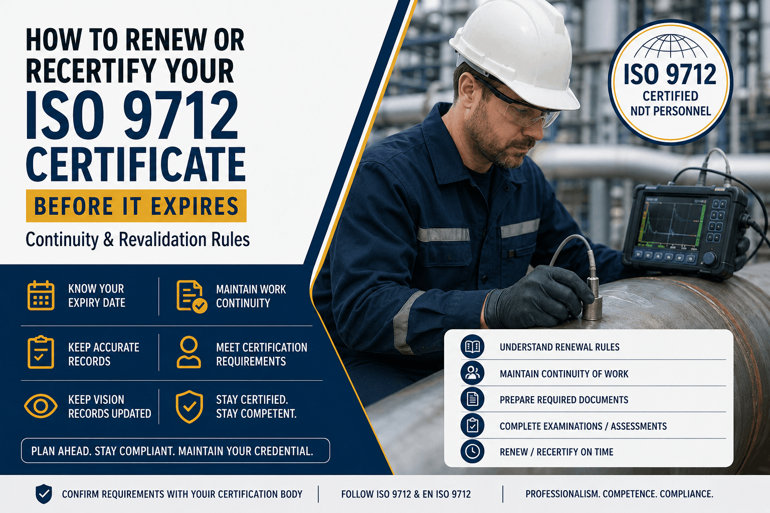 Professional infographic showing how to renew or recertify an ISO 9712 NDT certificate before expiry, highlighting work continuity, certification requirements, documentation, vision records, assessments, and timely renewal, with an NDT technician performing ultrasonic testing on industrial equipment.