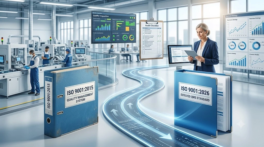 Professional ISO 9001:2015 to ISO 9001:2026 transition diagram featuring modern QMS document binders, a glowing transition pathway, manufacturing plant background, auditor, and quality management dashboards.