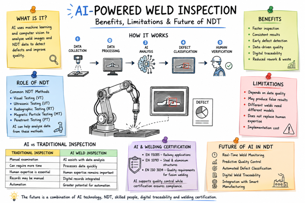 AI-Powered Weld Inspection: Benefits, Limitations & Future of NDT Infographic explaining how AI-powered weld inspection uses machine learning and computer vision to analyze weld images and NDT data for improved quality. The central workflow shows five steps: 1. Data Collection → 2. Data Processing → 3. AI Analysis → 4. Defect Classification → 5. Human Verification. An automated welding robot and inspection system are shown detecting and analyzing weld defects. The infographic explains the role of NDT, including Visual Testing (VT), Ultrasonic Testing (UT), Radiographic Testing (RT), Magnetic Particle Testing (MT), and Penetrant Testing (PT). Key benefits include faster inspection, consistent results, early defect detection, data-driven quality, digital traceability, and reduced rework and waste. Key limitations include dependence on data quality, possible false results, the need for different models for different welds, continued reliance on human expertise, and implementation cost. A comparison between traditional inspection and AI weld inspection highlights manual examination versus AI-assisted analysis, slower processing versus faster data processing, manual records versus digital records, and greater potential for automation. The AI and welding certification section references EN 15085 for railway applications, EN 1090 for steel and aluminium structures, and EN ISO 3834 for fusion-welding quality requirements. The future of AI in NDT includes real-time weld monitoring, predictive quality control, automated defect classification, digital weld traceability, and integration with smart manufacturing. The infographic concludes that the future of welding quality combines AI technology, NDT, skilled people, digital traceability, and welding certification.