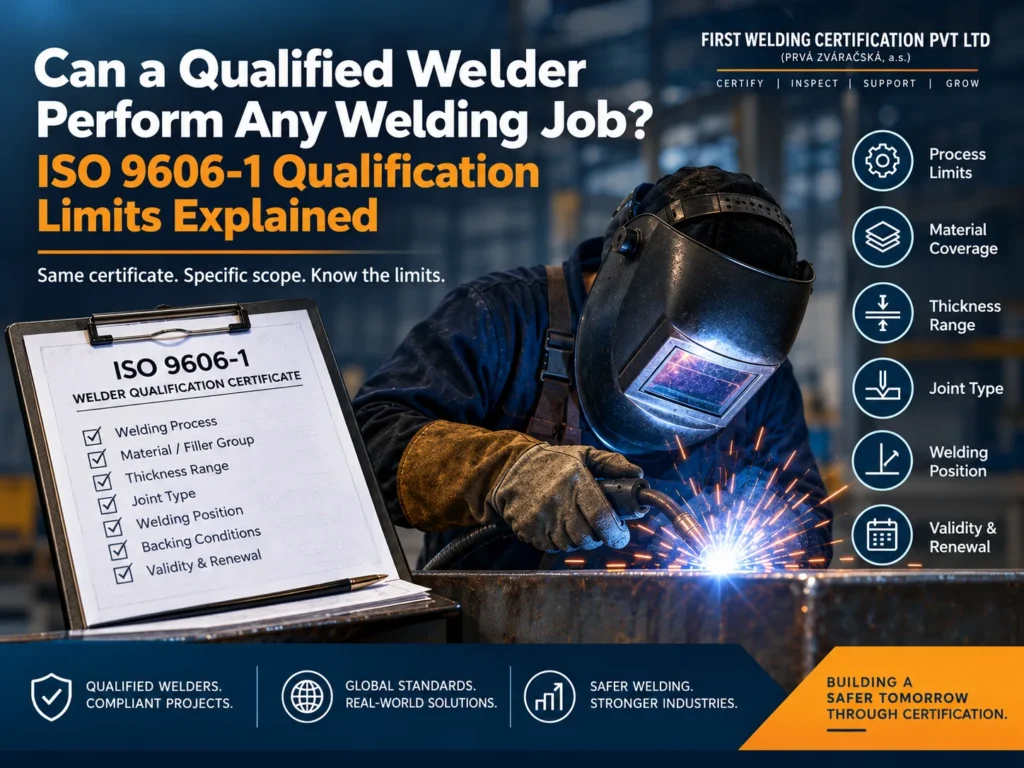 ISO 9606-1 welder qualification limits showing welding process, material, thickness and position requirements