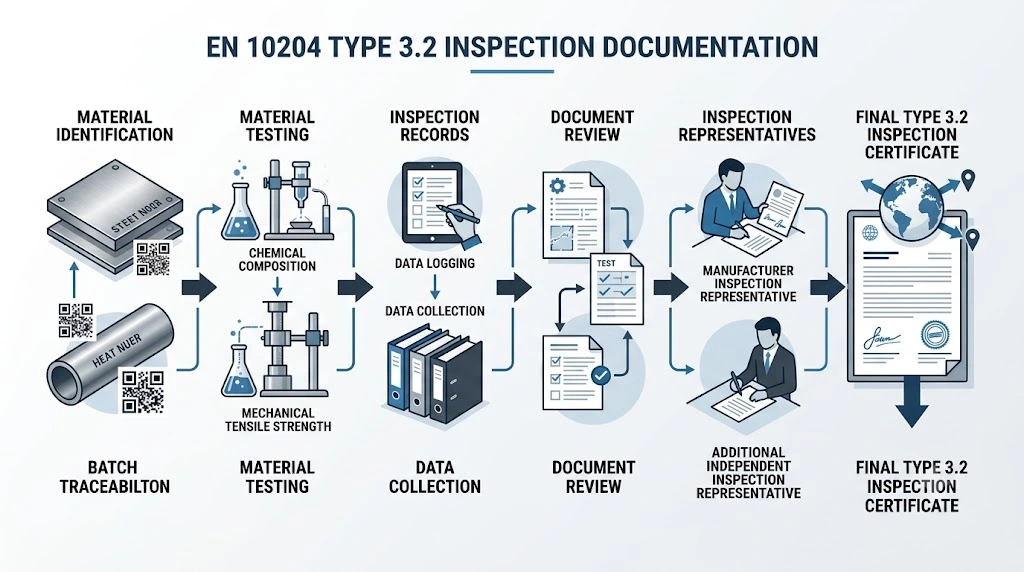 A 16:9 infographic diagram detailing the EN 10204 Type 3.2 inspection documentation workflow, showing sequential steps from metallic material identification and testing to final certificate issuing.