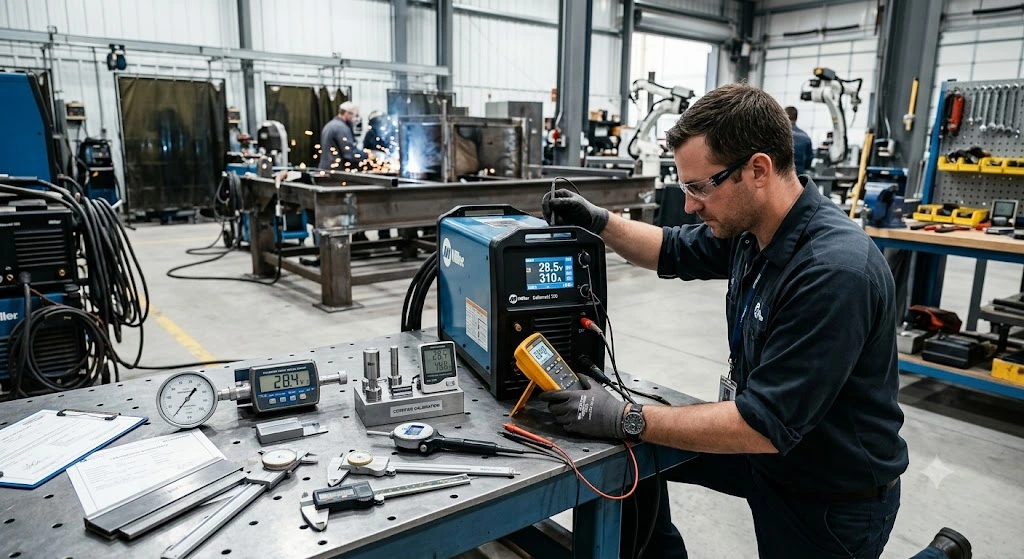 A welding technician in a clean industrial facility calibrating a digital welding power source with a multimeter alongside precision measurement tools.