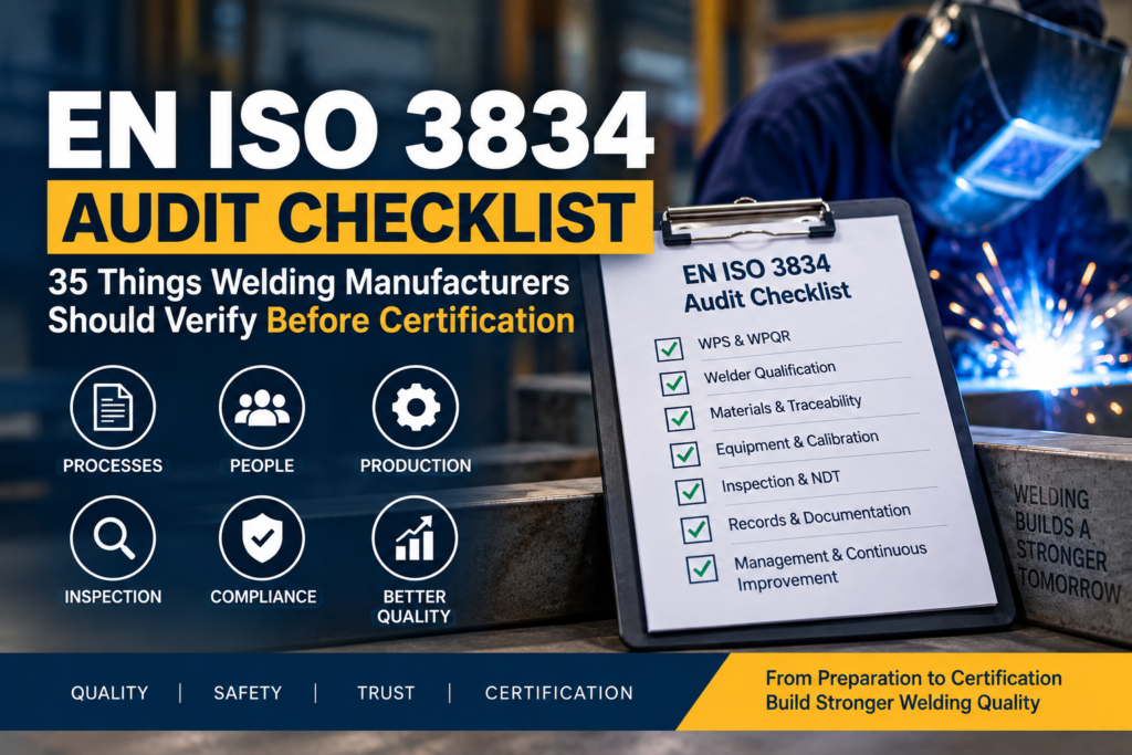 EN ISO 3834 audit checklist showing 35 welding quality requirements for manufacturers before certification