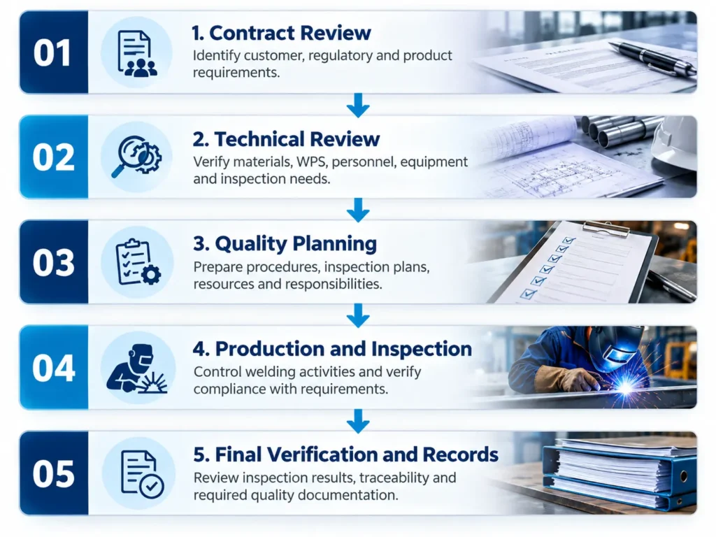 N ISO 3834 welding quality planning workflow showing five stages: contract review, technical review, quality planning, production and inspection, and final verification and records.