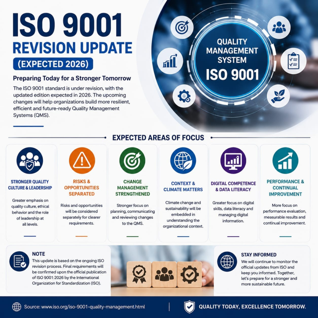 ISO 9001:2026 revision update infographic highlighting expected changes in Quality Management Systems, including stronger quality culture and leadership, risk and opportunity management, change management, climate and organizational context, digital competence and data literacy, and performance and continual improvement.