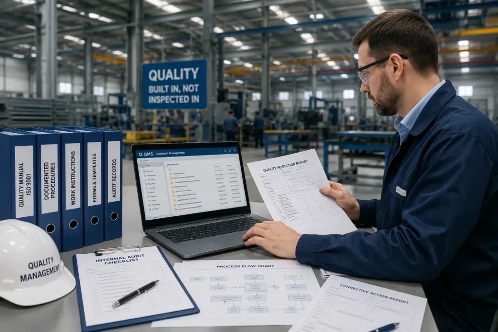 Quality manager reviewing ISO 9001 quality documents, audit records, process charts, and QMS files on a laptop inside a modern steel manufacturing facility.