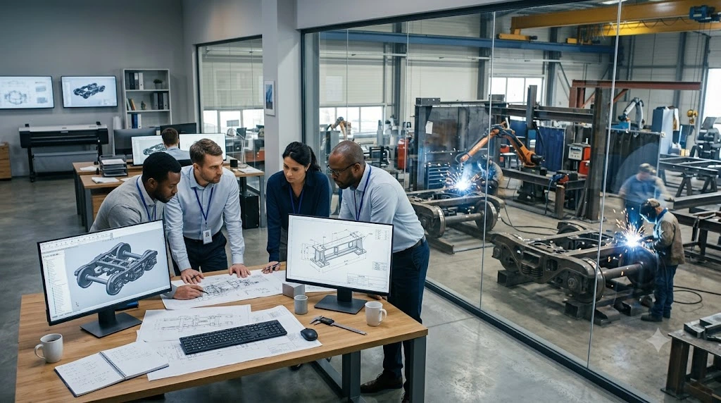 This 16:9 cinematic photograph captures a sleek, modern railway engineering hub, seamlessly bridging the gap between digital design and physical manufacturing. The scene is split by a clear floor-to-ceiling glass wall, visually integrating a quiet design studio with a bustling fabrication floor. In the foreground, four diverse engineers stand around a large wooden workstation, engaged in a collaborative review. The desk is organized with technical paper blueprints, engineering notebooks, calipers, and dual monitors displaying intricate 3D CAD assemblies and structural schematics of a railway bogie. Beyond the glass partition, the background reveals an industrial production facility flooded with cool daylight and the bright blue glow of active arc welding. Welders in protective gear operate alongside robotic fabrication arms, assembling heavy steel bogie frames and wheelsets. The scene features a refined palette of industrial blues, muted grays, and polished metallic textures, reflecting a sophisticated, high-tech engineering environment