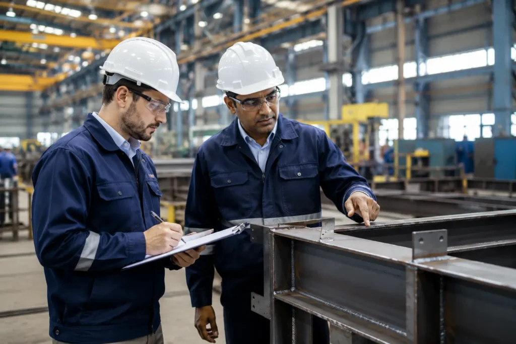 Welding inspectors reviewing a steel structure and technical documents at an industrial facility.