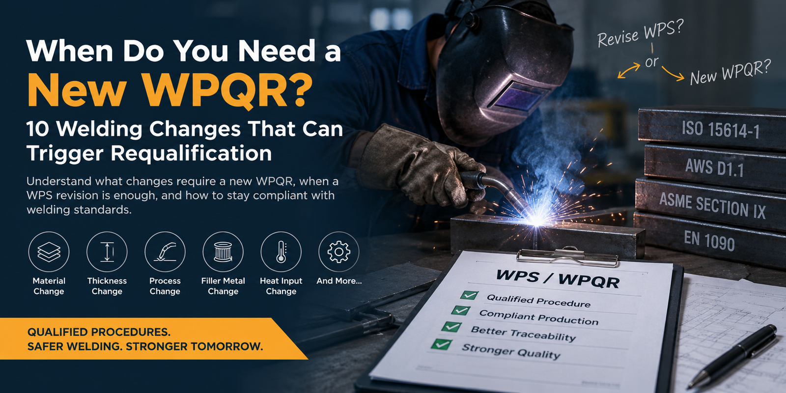WPS and WPQR welding procedure requalification banner showing a welder, welding standards, and key changes such as material, thickness, process, filler metal, and heat input.