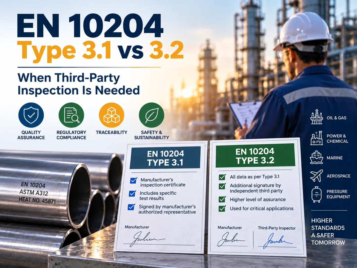 EN 10204 Type 3.1 vs 3.2 inspection certificates and third-party inspection for material compliance