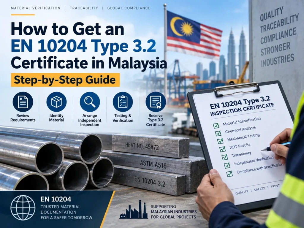 EN 10204 Type 3.2 certificate process in Malaysia showing material identification, independent inspection, testing, traceability and certification