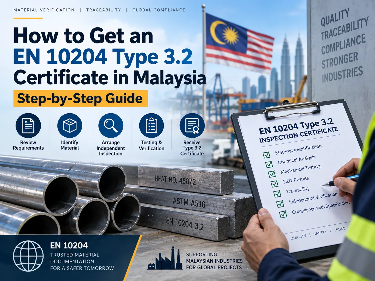 EN 10204 Type 3.2 certificate process in Malaysia showing material identification, independent inspection, testing, traceability and certification