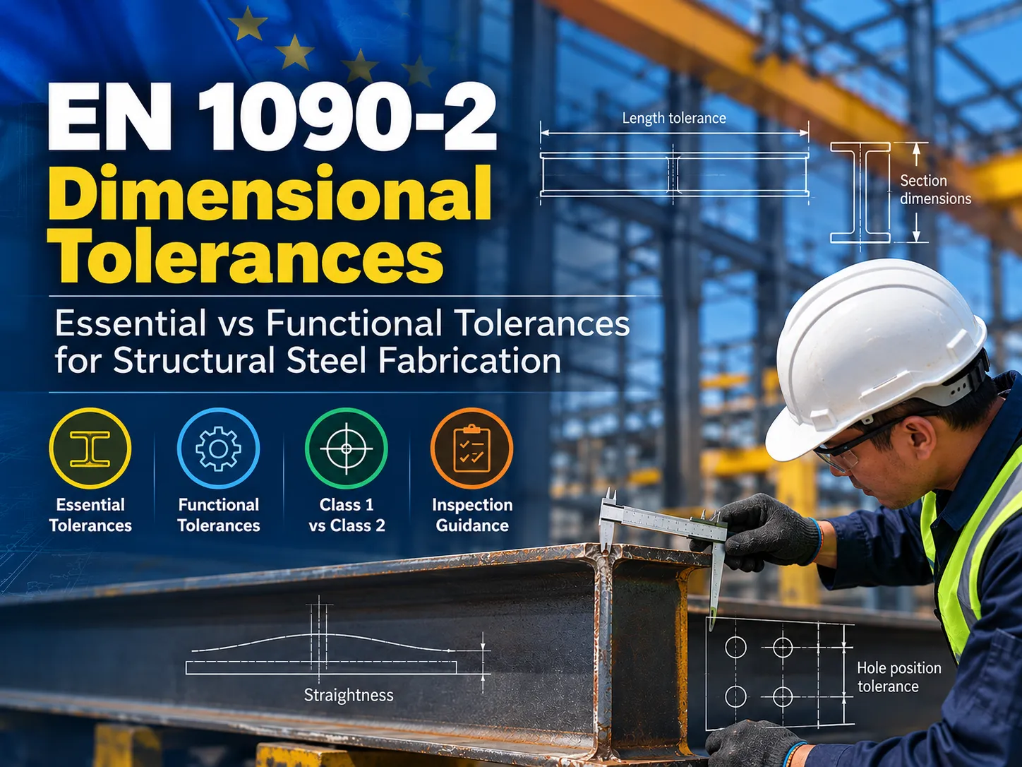 EN 1090-2 dimensional tolerances for structural steel fabrication, showing a quality inspector measuring a steel beam and checking essential and functional tolerances.