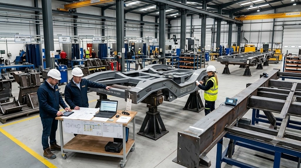 Engineers inspecting fabricated railway bogie frames and structural assemblies in a modern European manufacturing facility.