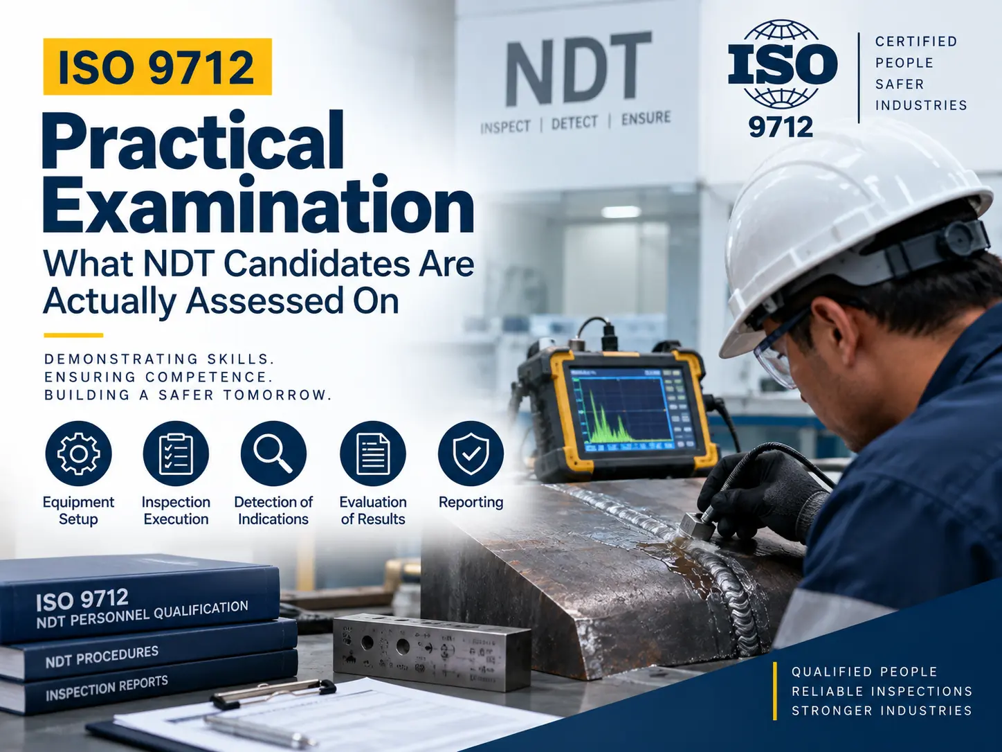 ISO 9712 practical examination assessing NDT candidate equipment setup, inspection, indication detection, evaluation and reporting