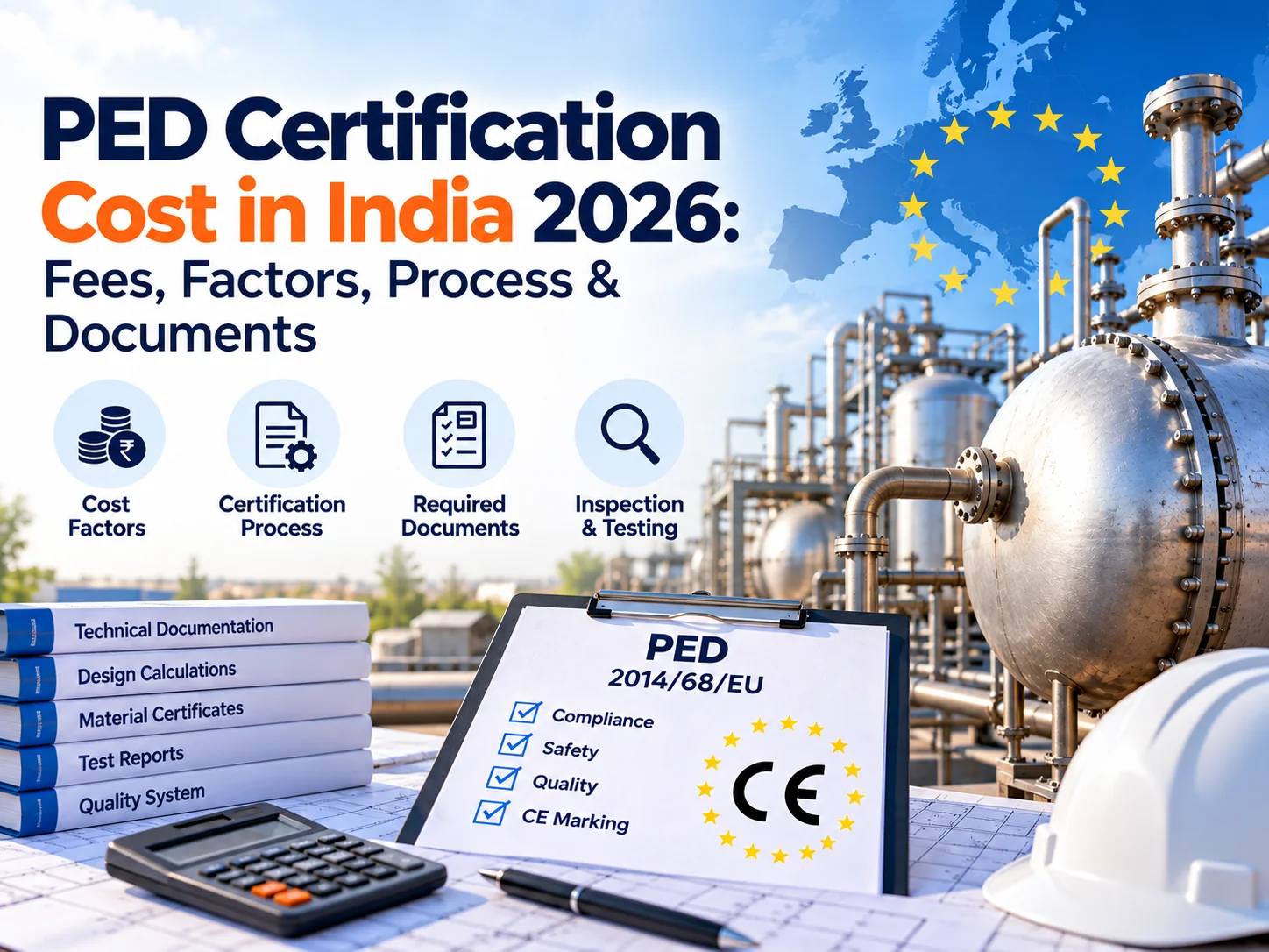 PED certification cost in India 2026 showing pressure equipment, certification documents, inspection, testing, and PED 2014/68/EU compliance