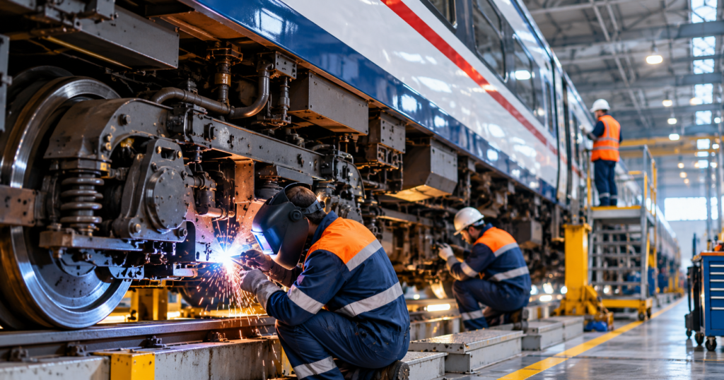 Railway maintenance workshop with technicians inspecting a train undercarriage