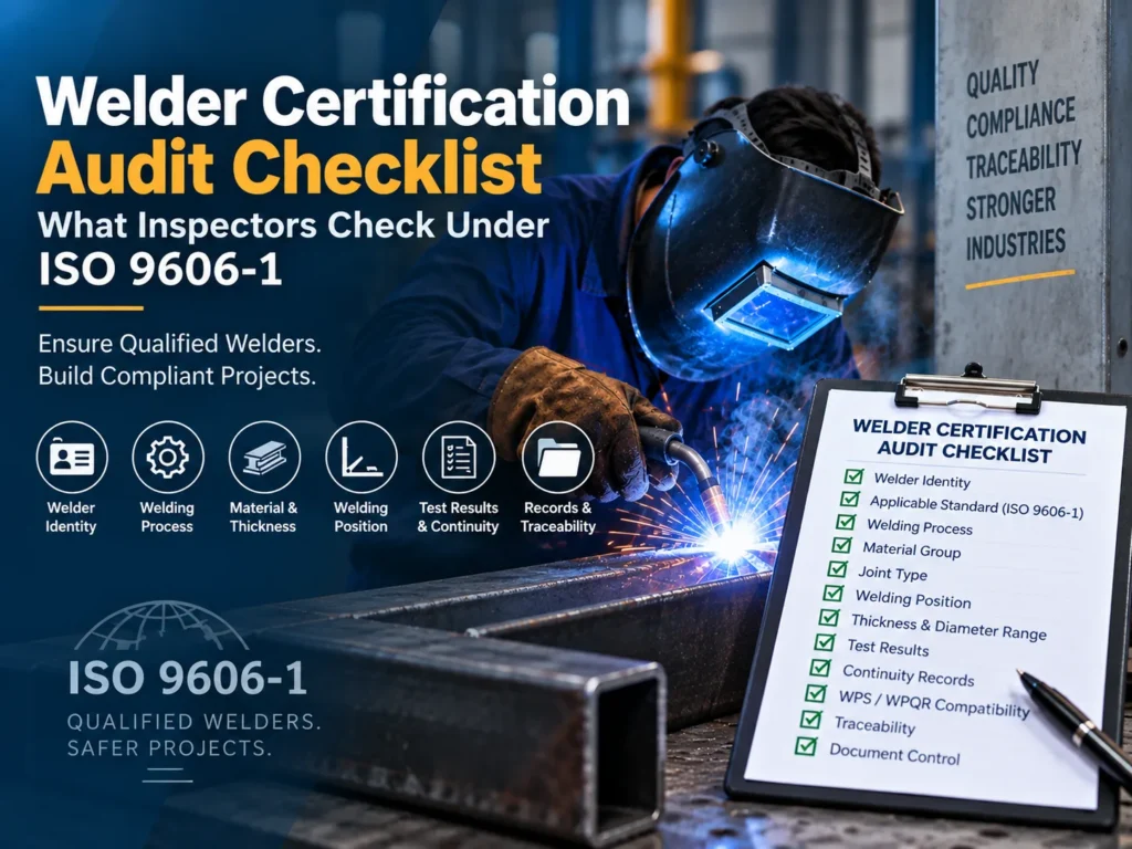 Welder certification audit checklist showing ISO 9606-1 qualification, welding process, material, position, test results, continuity and traceability checks