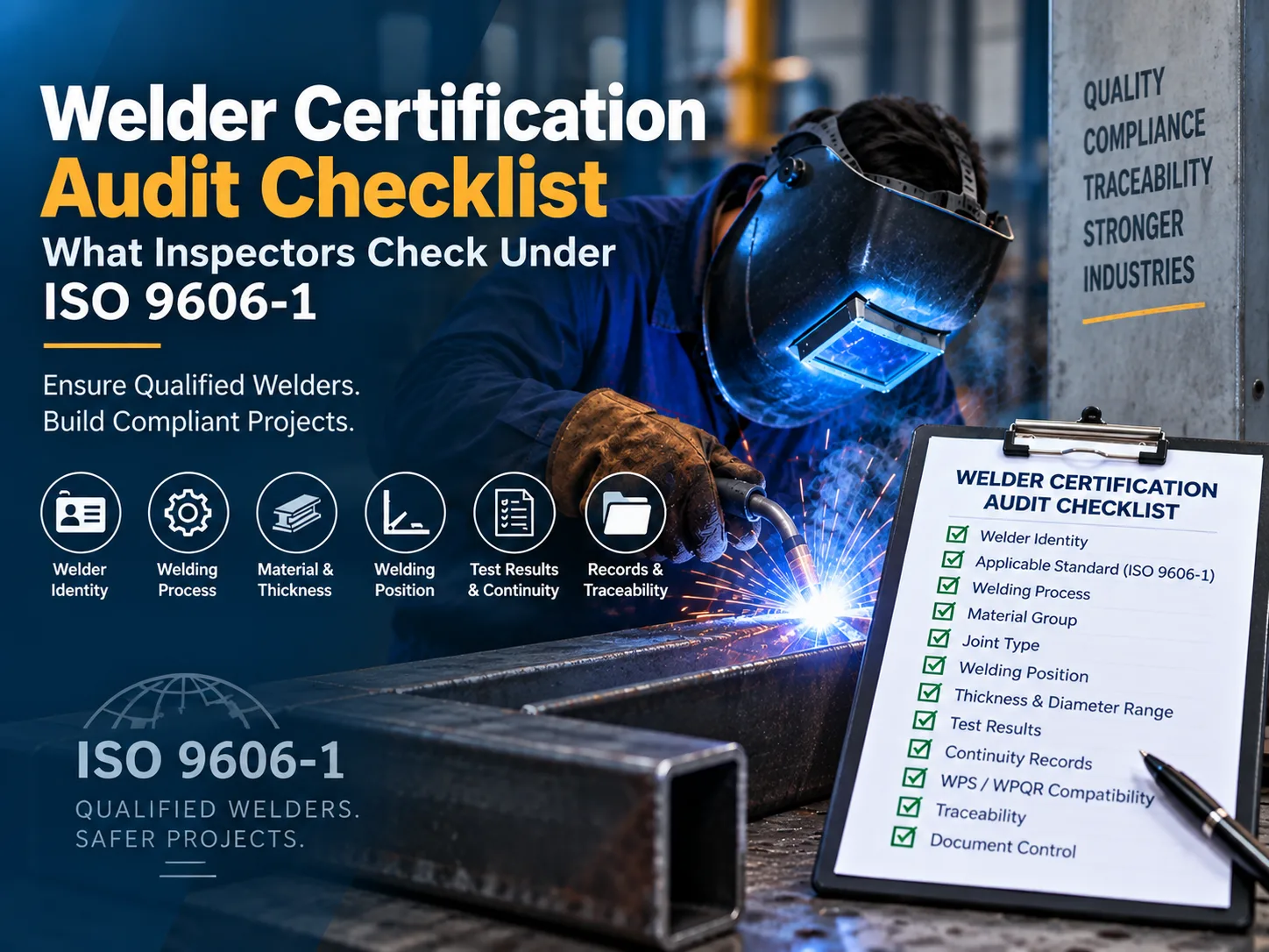 Welder certification audit checklist showing ISO 9606-1 qualification, welding process, material, position, test results, continuity and traceability checks