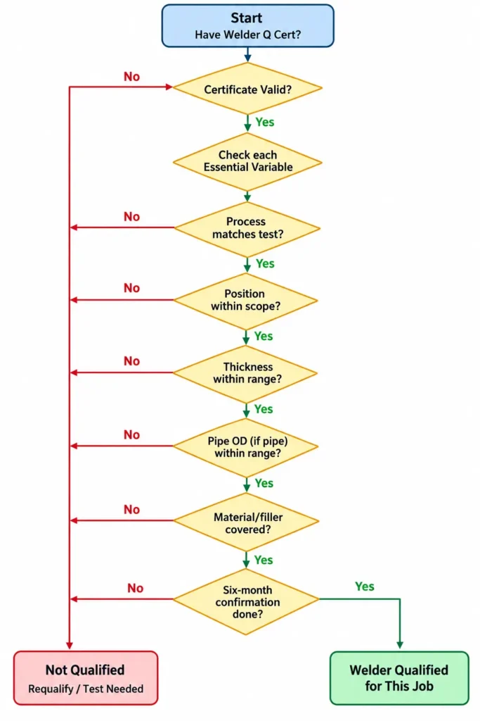 Welder qualification certificate scope check flowchart showing certificate validity, welding process, position, thickness, pipe diameter, material and filler coverage, and six-month confirmation before qualification approval.