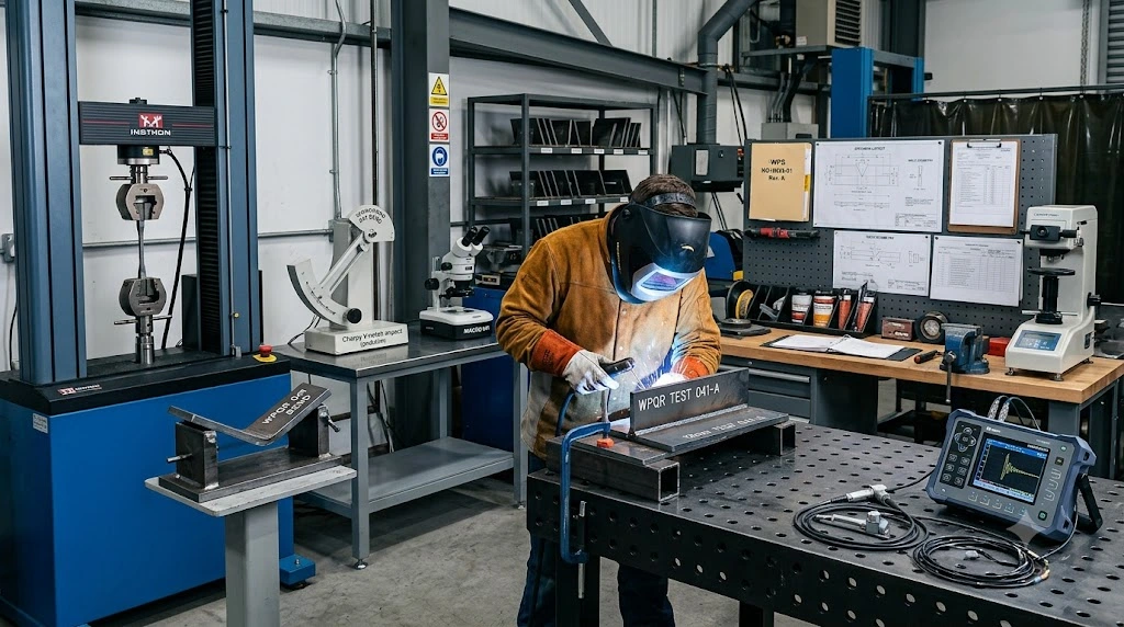 Certified welder performing a welding procedure qualification test on a steel plate inside an industrial testing laboratory equipped with tensile and hardness testing machinery.