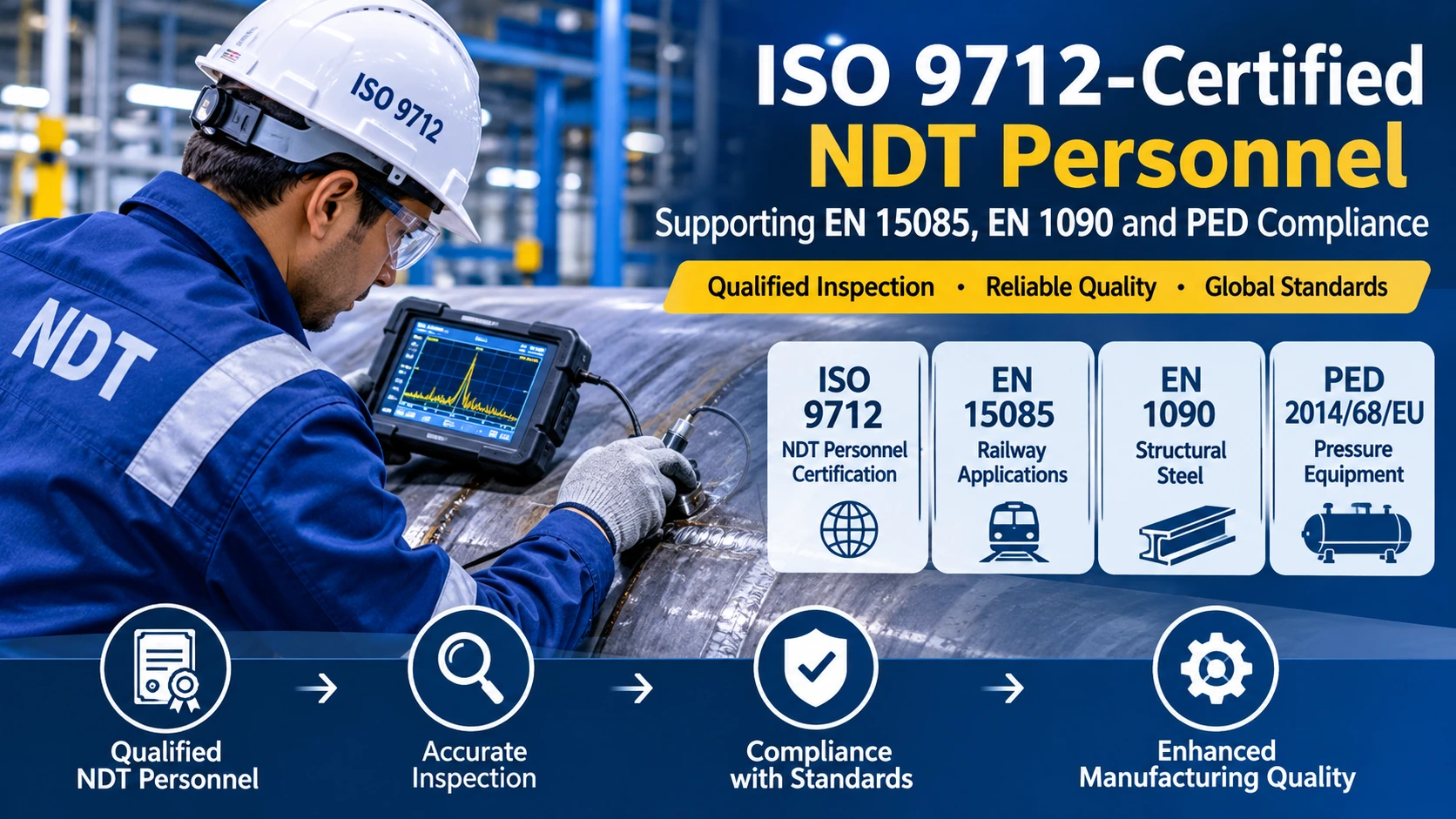 SO 9712-certified NDT technician performing ultrasonic testing on a welded steel component.