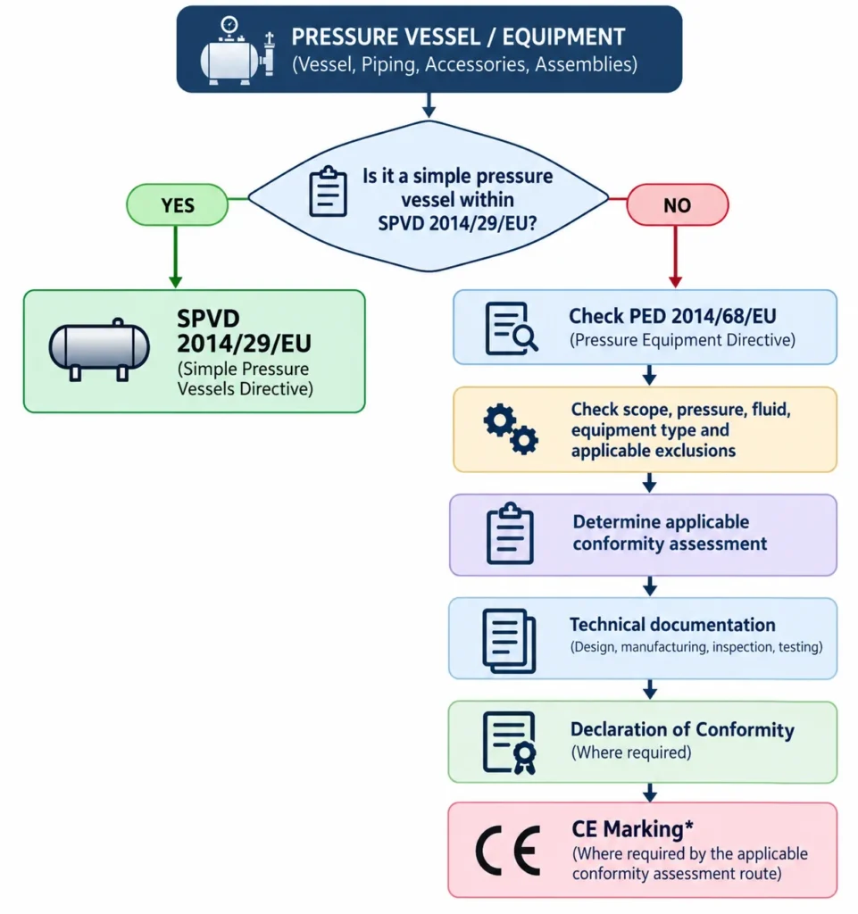 Pressure vessel compliance flowchart for SPVD 2014/29/EU and PED 2014/68/EU