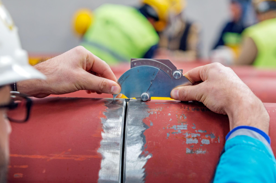 Welding engineer inspecting weld joint preparation and fit-up alignment