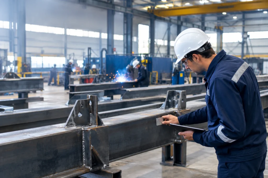 Quality inspector checking structural steel components and identification in a fabrication workshop