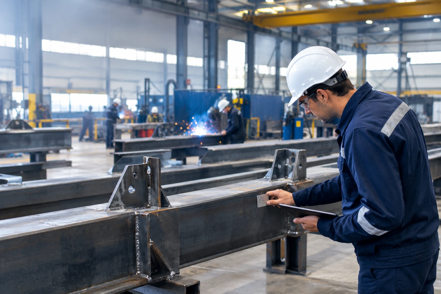 Quality inspector checking structural steel components and identification in a fabrication workshop