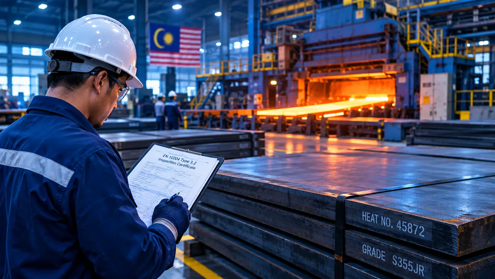 Malaysian steel producer inspecting steel plates and EN 10204 Type 3.2 material certification documents inside a steel manufacturing facility.