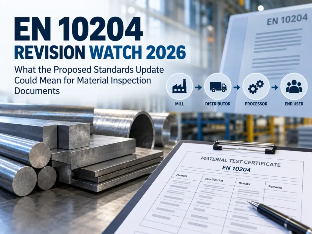 EN 10204 revision 2026 newsletter banner featuring material inspection certificates, steel products, and certification document types 2.1, 2.2, 3.1, and 3.2.