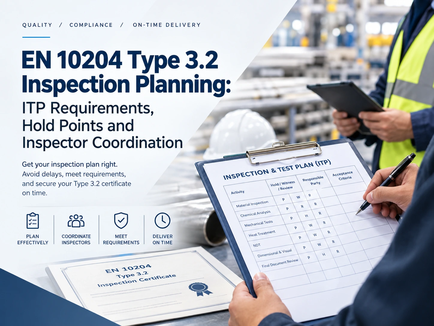 EN 10204 Type 3.2 inspection planning with ITP checklist, hold points, and inspectors coordinating quality checks in a steel manufacturing facility.