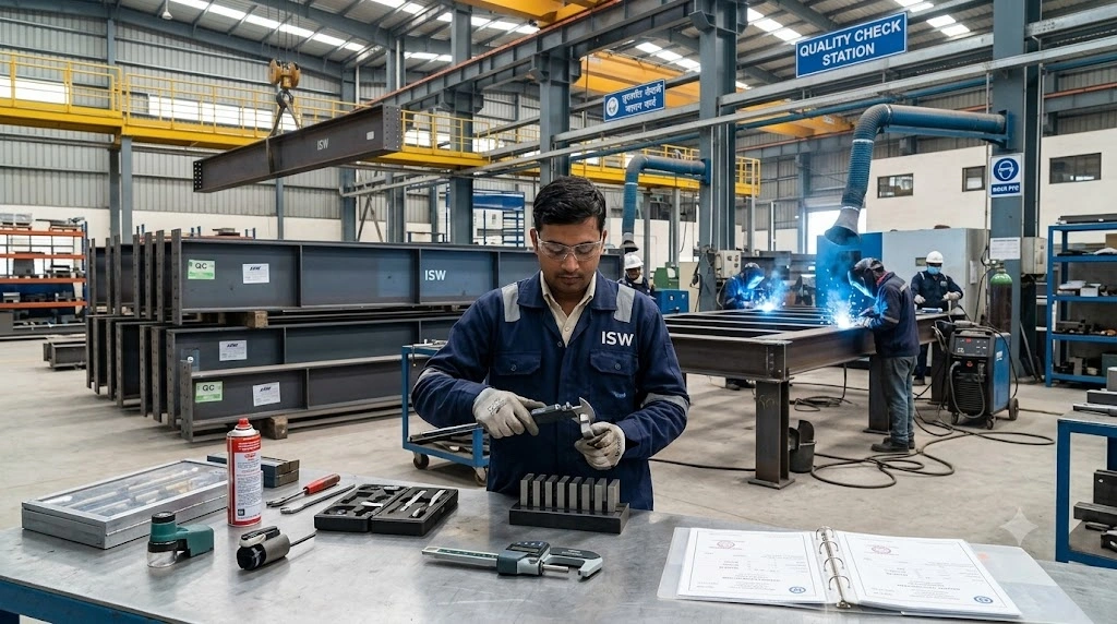 An Indian quality control engineer in proper safety gear using digital calipers to calibrate a measuring tool on a workbench inside a clean, modern structural steel fabrication plant.