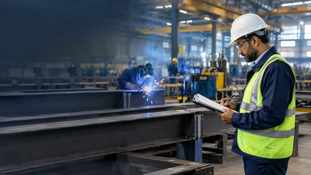 Welding coordinator checking structural steel welding quality and documentation for EN 1090 compliance