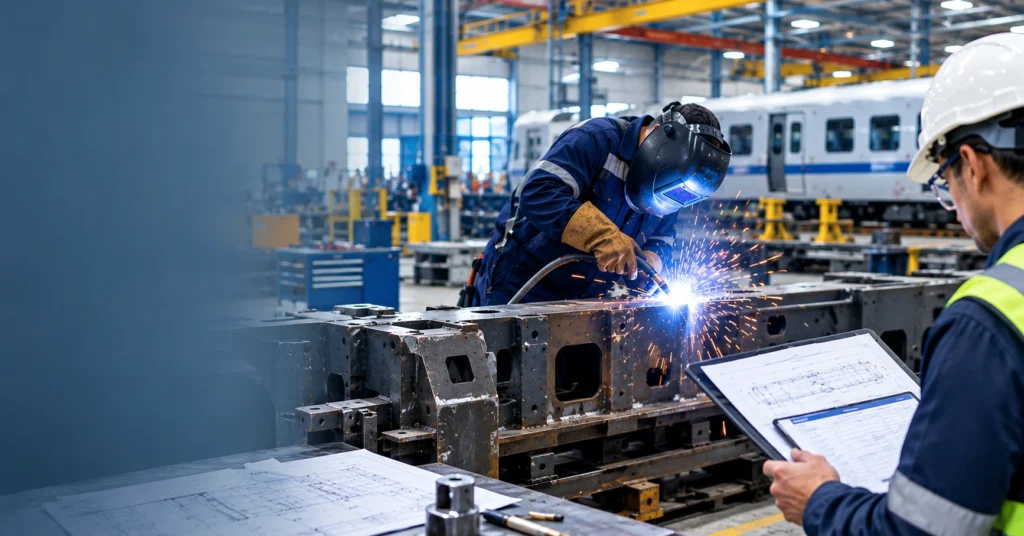 Welder working on a steel railway frame while an engineer reviews technical drawings and welding preparation documents.