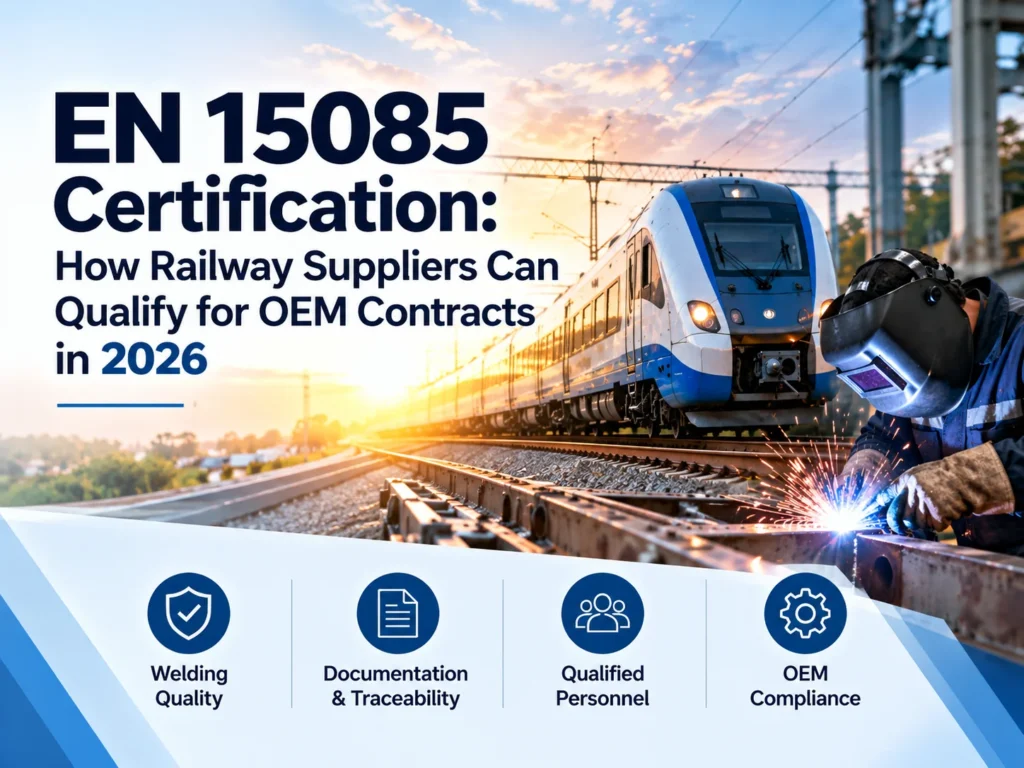 EN 15085 certification for railway OEM suppliers, featuring a passenger train and welding inspection.