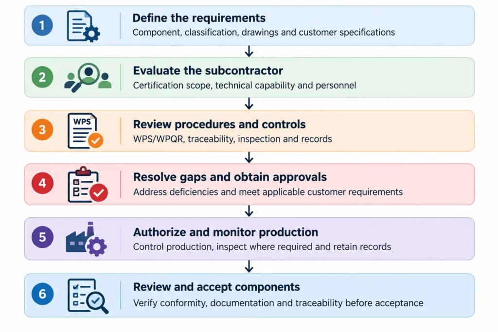 EN 15085 subcontractor approval workflow showing six steps from defining requirements and evaluating suppliers to production monitoring and component acceptance.