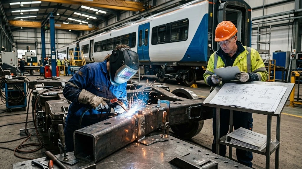 Skilled welder performing arc welding on a heavy steel railway component while a welding engineer inspects technical drawings in a modern train manufacturing facility.