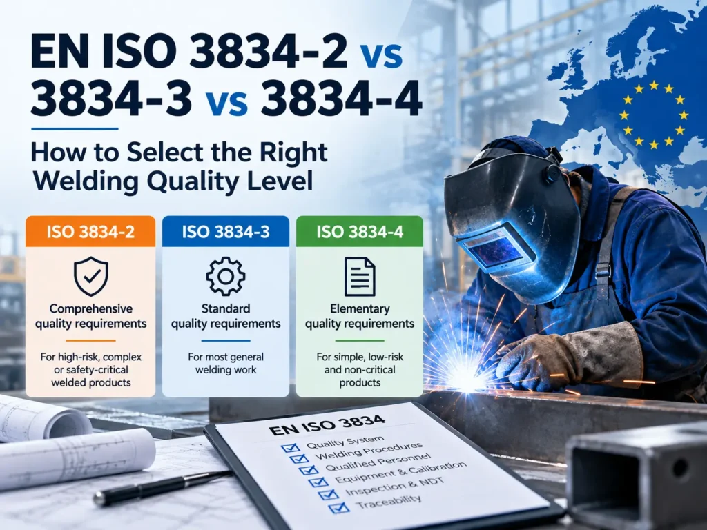 EN ISO 3834-2 vs 3834-3 vs 3834-4 comparison showing comprehensive, standard, and elementary welding quality requirements.
