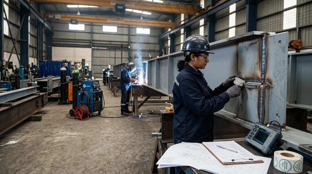 A certified welding inspector in PPE examining a fabricated steel component with a gauge and technical drawings in a modern Indian manufacturing facility.