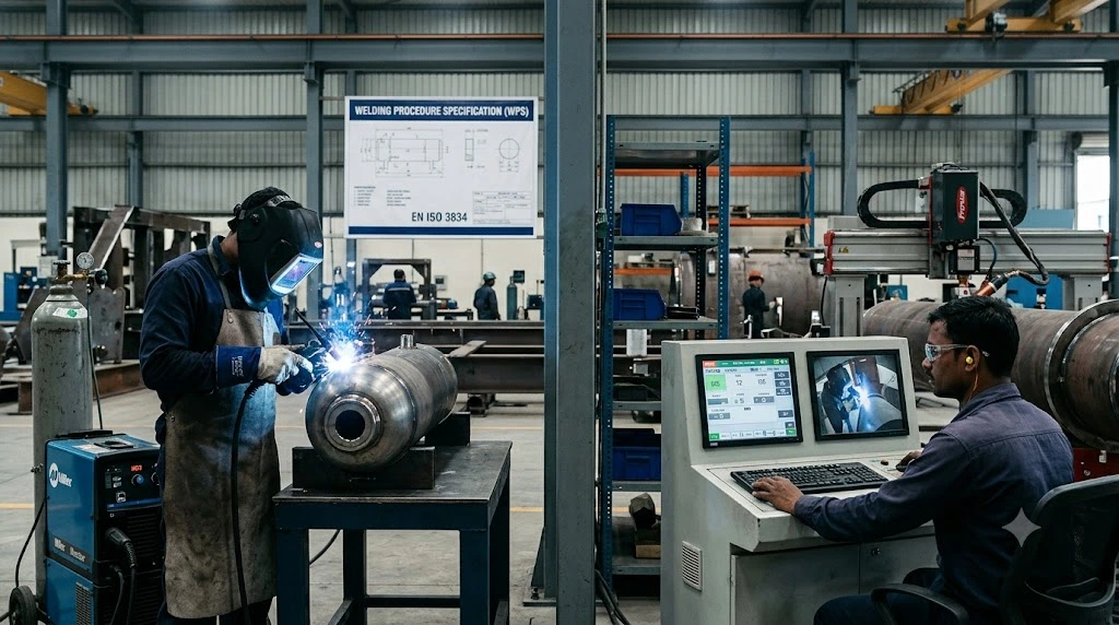 A side-by-side comparison inside a modern manufacturing facility showing a skilled manual welder wearing full PPE on the left and a welding operator monitoring a mechanized welding control panel on the right.