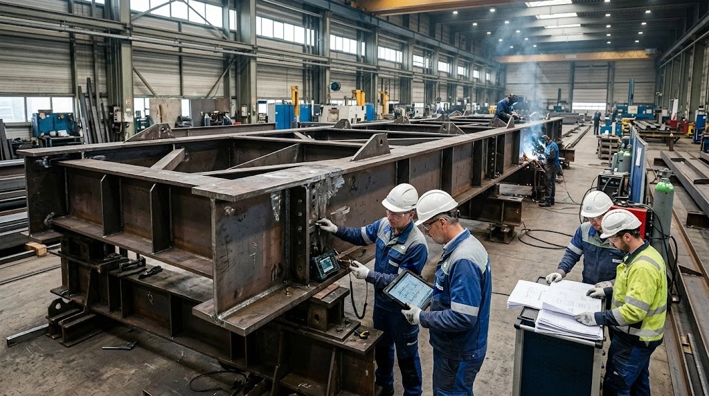 Engineers in a modern European manufacturing facility inspecting heavy welded structural steel beams using ultrasonic testing equipment and technical blueprints.