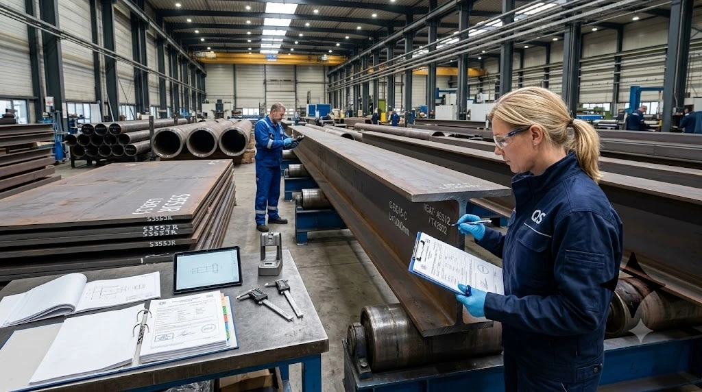 A blonde female quality assurance inspector with safety glasses and gloves, wearing a blue jacket, holds a clipboard and pen to check a large structural I-beam in a modern industrial factory. A male colleague uses measuring tools on another beam in the background. A table in the foreground holds technical drawings, a tablet, and calipers.