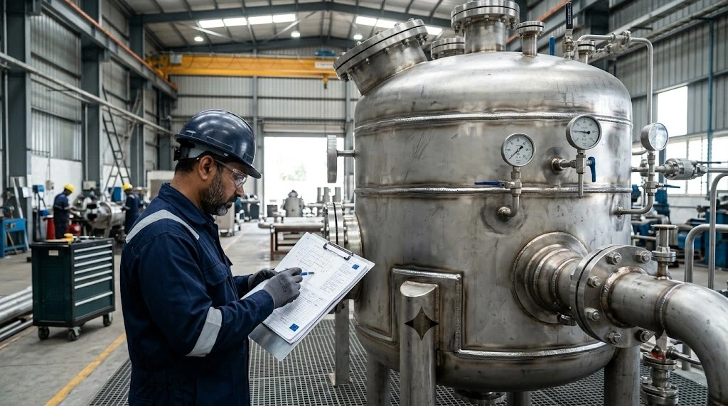 A side-view photograph of an Indian engineer in a hard hat and coveralls looking at technical drawings on a clipboard, standing next to a large stainless steel industrial pressure vessel with multiple pipes and gauges in a manufacturing workshop.